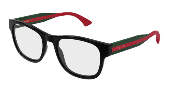 Gucci GG0004ONN Eyeglasses, 001 - BLACK with GREEN temples and TRANSPARENT lenses