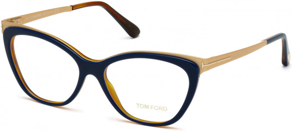 Tom Ford FT5374 Eyeglasses, 090 - Blue, Light Havana, Shiny Brushed Rose Gold