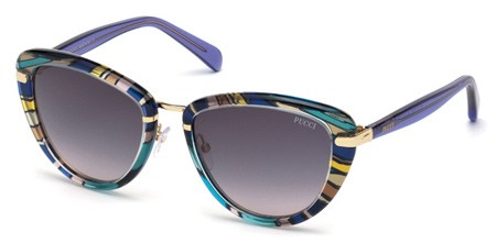 Emilio Pucci EP0011 Sunglasses, 92B - Blue, Yellow, Ecru Zadig Print, Transp. Violet / Grad. Smoke Lenses