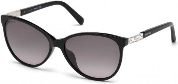 Swarovski SK0123-H Sunglasses, 01B - Shiny Black,  Palladium Metal Insert, Crystal Stone / Grad Smoke Lens