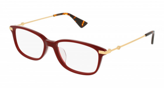 Gucci GG0112OA Eyeglasses, 005 - BURGUNDY with GOLD temples and TRANSPARENT lenses