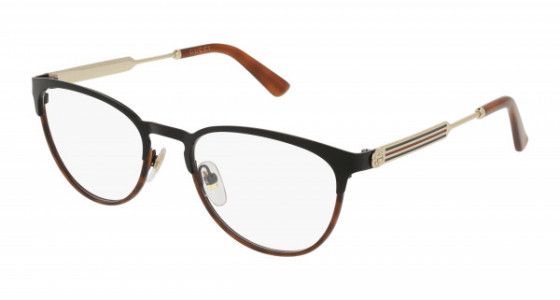 Gucci GG0134O Eyeglasses, 003 - BLACK with GOLD temples and TRANSPARENT lenses