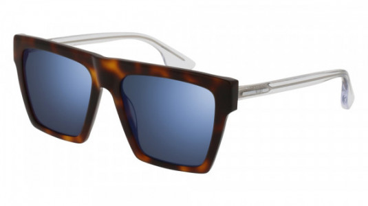McQ MQ0073S Sunglasses, 002 - HAVANA with CRYSTAL temples and BLUE lenses