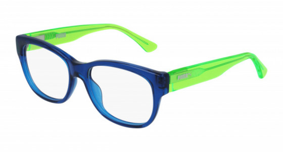 Puma PJ0003O Eyeglasses, 006 - BLUE with GREEN temples and TRANSPARENT lenses