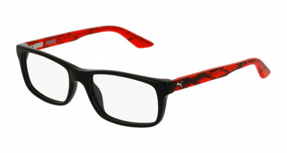 Puma PJ0009O Eyeglasses, 001 - BLACK with RED temples and TRANSPARENT lenses