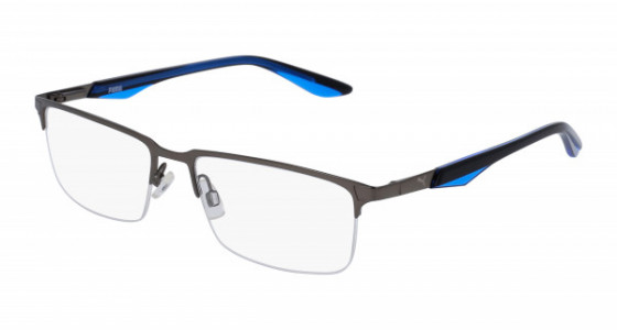 Puma PU0064O Eyeglasses, 004 - GUNMETAL with BLUE temples and TRANSPARENT lenses