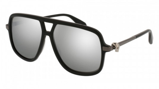 Alexander McQueen AM0080S Sunglasses, 002 - BLACK with RUTHENIUM temples and SILVER lenses