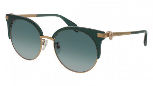 Alexander McQueen AM0082S Sunglasses, 004 - GREEN with GOLD temples and BLUE lenses