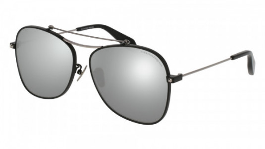 Alexander McQueen AM0096SA Sunglasses, 002 - BLACK with RUTHENIUM temples and SILVER lenses