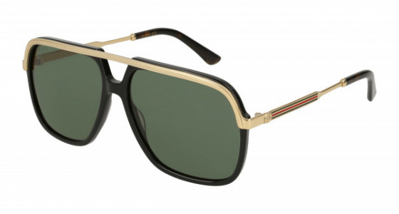 Gucci GG0200S Sunglasses, 001 - BLACK with GOLD temples and GREEN lenses