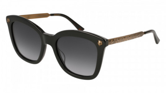 Gucci GG0217S Sunglasses, 001 - BLACK with GOLD temples and GREY lenses