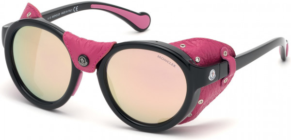 Moncler ML0046 Sunglasses, 01C - Shiny Black, Pink Leather  / Smoke W. Pink Mirrored Lenses