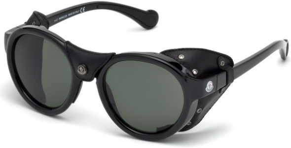 Moncler ML0046 Sunglasses, 01R - Shiny Black, Black Leather / Green Polarized Lenses