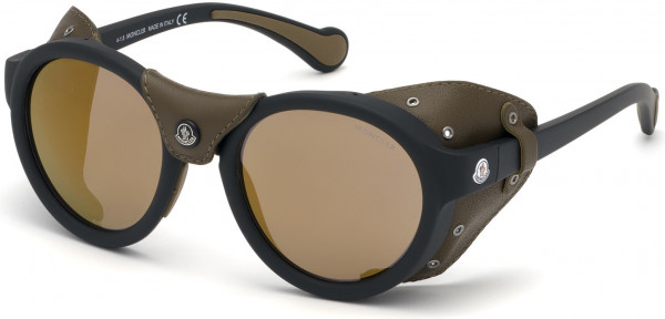 Moncler ML0046 Sunglasses, 02L - Matte Black, Brown Leather / Smoke W. Bronze Mirrored Lenses