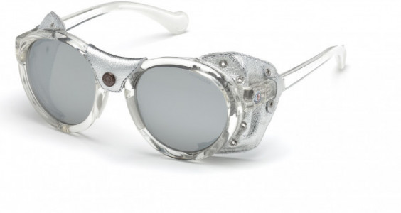 Moncler ML0046 Sunglasses, 26C - Frosted Crystal, Silver Leather / Smoke W. Silver Mirrored Lenses