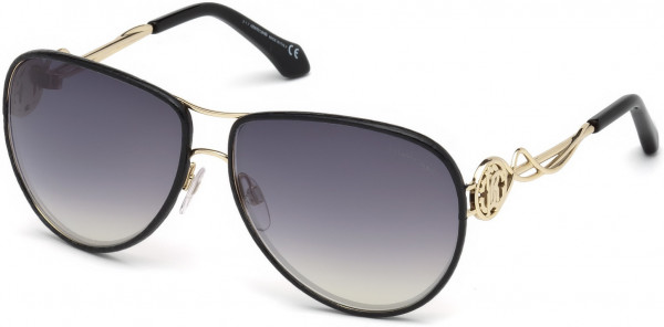 Roberto Cavalli RC1067 Gorgona Sunglasses, 33C - Shiny Gold, Shiny Black, Black Leather/ Gradient Smoke W Silver Flash