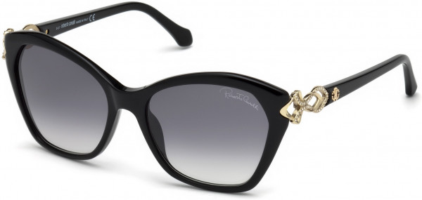 Roberto Cavalli RC1077 Miniato Sunglasses, 01B - Shiny Black, Shiny Light Gold/ Gradient Smoke To Sand