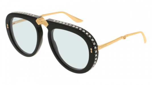 Gucci GG0307S Sunglasses, 002 - BLACK with GOLD temples and LIGHT BLUE lenses