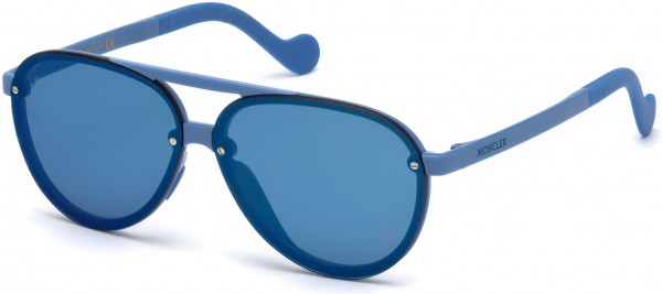 Moncler ML0063 Sunglasses, 90C - Shiny Light Blue, Rubberized Blue Tips/ Grey W. Blue Mirrored Lenses