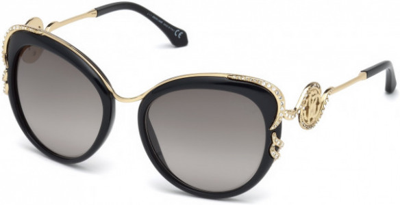 Roberto Cavalli RC1073 Incisa Sunglasses, 01B - Shiny Black, Shiny Light Gold & Crystals / Gradient Smoke