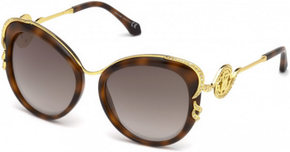 Roberto Cavalli RC1073 Incisa Sunglasses, 52G - Shiny Havana, Endura Gold & Crystals/ Gradient Brown W. Silver Flash