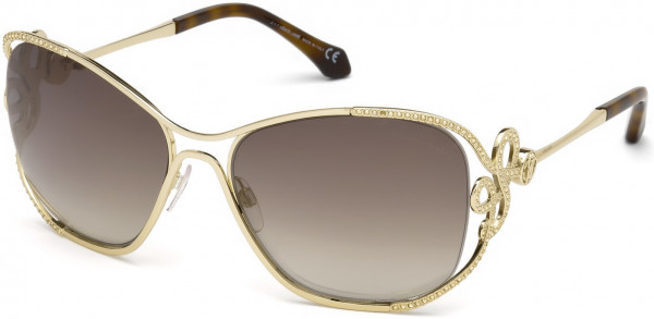 Roberto Cavalli RC1074 Lajatico Sunglasses, 32G - Shiny Light Gold, Havana, Golden Crystals/ Gr. Brown W Silver Flash