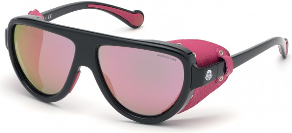 Moncler ML0089 Sunglasses, 01Z - Shiny Black, Pink Leather Blinkers / Pink Mirrored Lenses