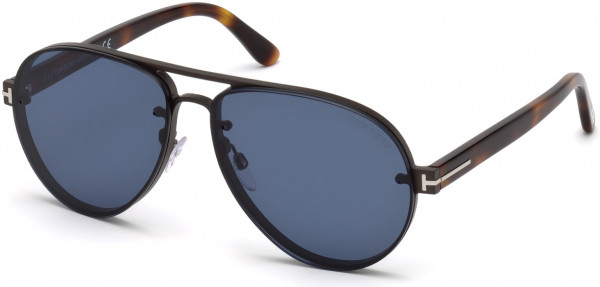 Tom Ford FT0622 Alexei-02 Sunglasses, 12V - Sanded Ruthenium, Classic Dk. Havana Acetate Temples/ Blue Lenses