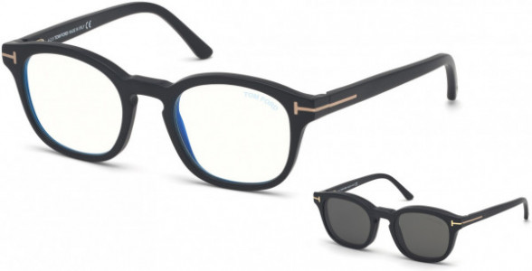 Tom Ford FT5532-B Eyeglasses, 02A - Matte Black/ Blue Block Lenses, Smoke Clip In Black Leather