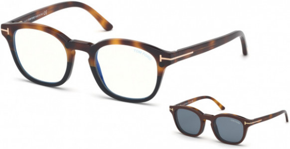 Tom Ford FT5532-B Eyeglasses, 56V - Havana-To-Black/ Blue Block Lenses, Vintage Blue Clip In Brown Leather
