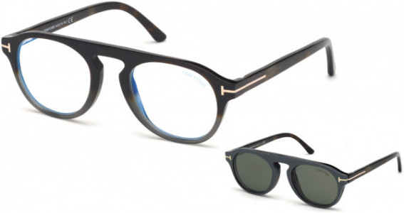 Tom Ford FT5533-B Eyeglasses, 55N - Havana-To-Grey/ Blue Block Lenses, Green Clip In Dark Brown Leather