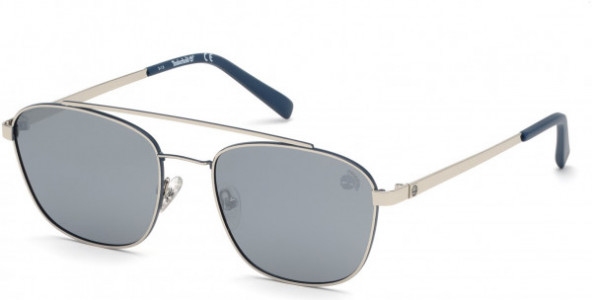 Timberland TB9168 Sunglasses, 10D - Shiny Light Nickel Frames, Matte Blue Tips / Silver Flash Smoke Lenses