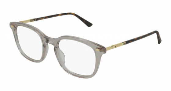 Gucci GG0390O Eyeglasses, 003 - GREY with GOLD temples and TRANSPARENT lenses