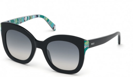Emilio Pucci EP0097 Sunglasses, 01C - Shiny Black W. Emerald Green Gaiola Print/ Grad. Grey Flash Lenses