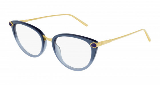 Boucheron BC0080O Eyeglasses, 002 - LIGHT-BLUE with GOLD temples and TRANSPARENT lenses