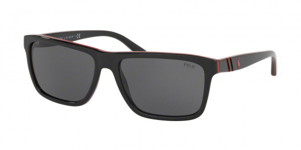 Polo PH4153 Sunglasses, 566887 SHINY BLACK/RED/BLACK DARK GRE (BLACK)