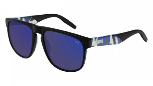 Puma PU0225S Sunglasses, 003 - BLACK with HAVANA temples and BLUE lenses