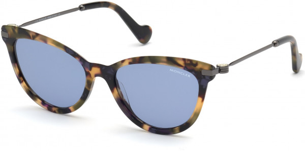 Moncler ML0080 Sunglasses, 55V - Pearled Blue Havana, Shiny Gunmetal / Blue Lenses