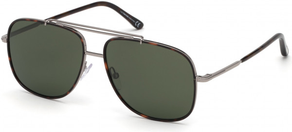 Tom Ford FT0693 Benton Sunglasses, 14N - Light Ruthenium, Classic Dark Havana Acetate Rims/ Green Smoke Lenses