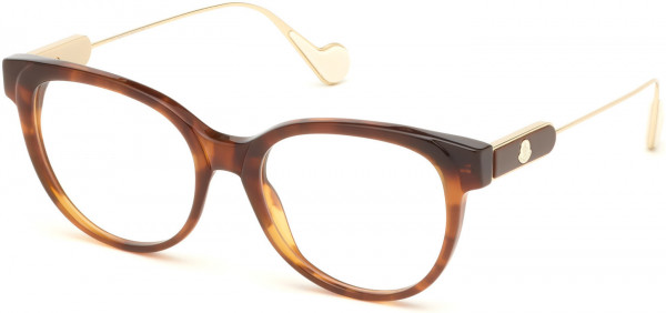 Moncler ML5056-F Eyeglasses, 052 - Shiny Cognac Brown Havana, Shinypale Gold Temples, Off-White Tips
