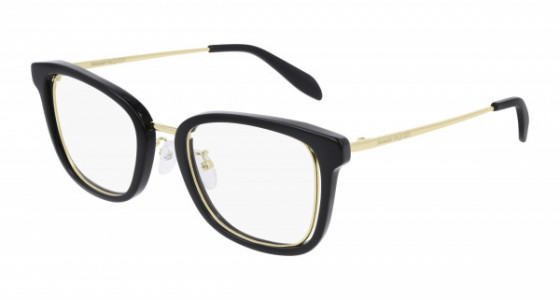 Alexander McQueen AM0225O Eyeglasses, 001 - BLACK with GOLD temples and TRANSPARENT lenses