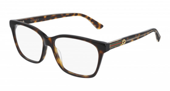 Gucci GG0532O Eyeglasses, 002 - HAVANA with CRYSTAL temples and TRANSPARENT lenses