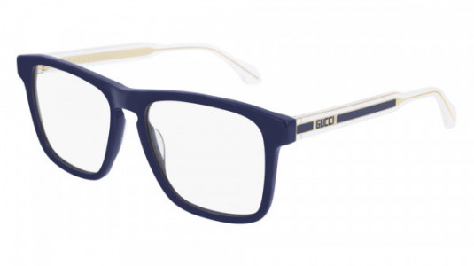 Gucci GG0561O Eyeglasses, 004 - BLUE with CRYSTAL temples and TRANSPARENT lenses