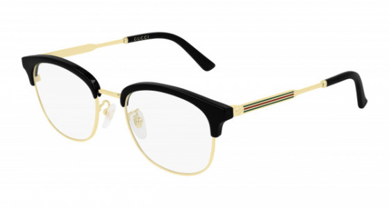 Gucci GG0590OK Eyeglasses, 001 - BLACK with GOLD temples and TRANSPARENT lenses