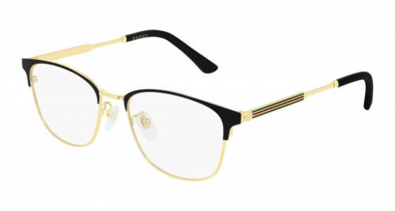 Gucci GG0609OK Eyeglasses, 001 - BLACK with GOLD temples and TRANSPARENT lenses