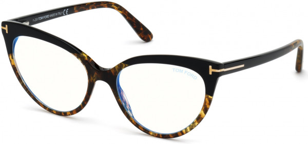 Tom Ford FT5674-B Eyeglasses, 005 - Shiny Black To Vintage Leopard/ Blue Block Lenses