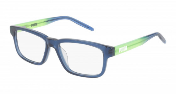 Puma PJ0046O Eyeglasses, 003 - BLUE with GREEN temples and TRANSPARENT lenses