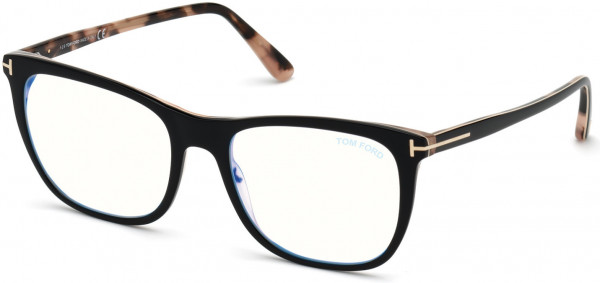 Tom Ford FT5672-F-B Eyeglasses, 005 - Shiny Black, Nude, & Vintage Pink Havana/ Blue Block Lenses