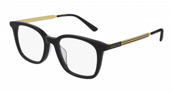 Gucci GG0831OA Eyeglasses, 001 - BLACK with GOLD temples and TRANSPARENT lenses