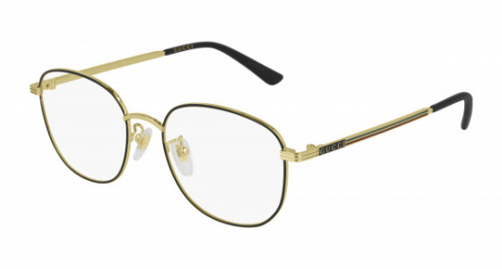 Gucci GG0838OK Eyeglasses, 001 - BLACK with GOLD temples and TRANSPARENT lenses